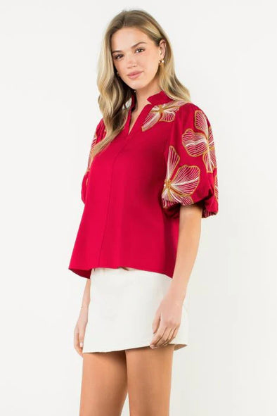(THML) The Saria Embroidered Top-Burgundy