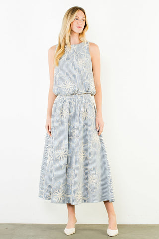 (THML)The Orio Embroidered Striped Skirt-Blue