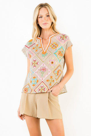 (THML) The Charles Embroidered Top-Brown