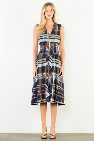 (THML) The Crystal Plaid Zip Midi Dress-Navy