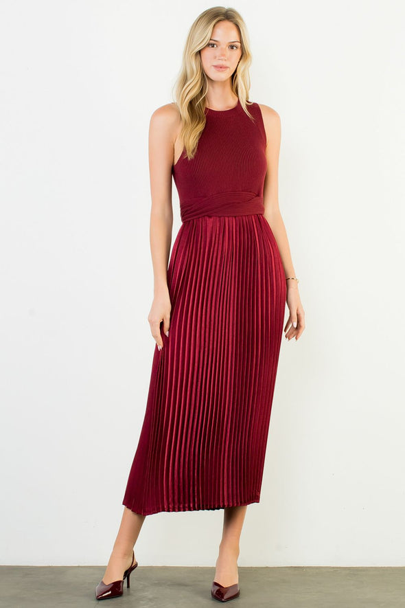 (THML) The Elizabeth Sweater/Satin Midi Dress-Burgundy
