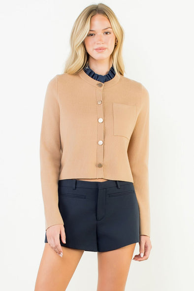 (THML) The Jeremy Ruffle Neck Cardigan-Taupe