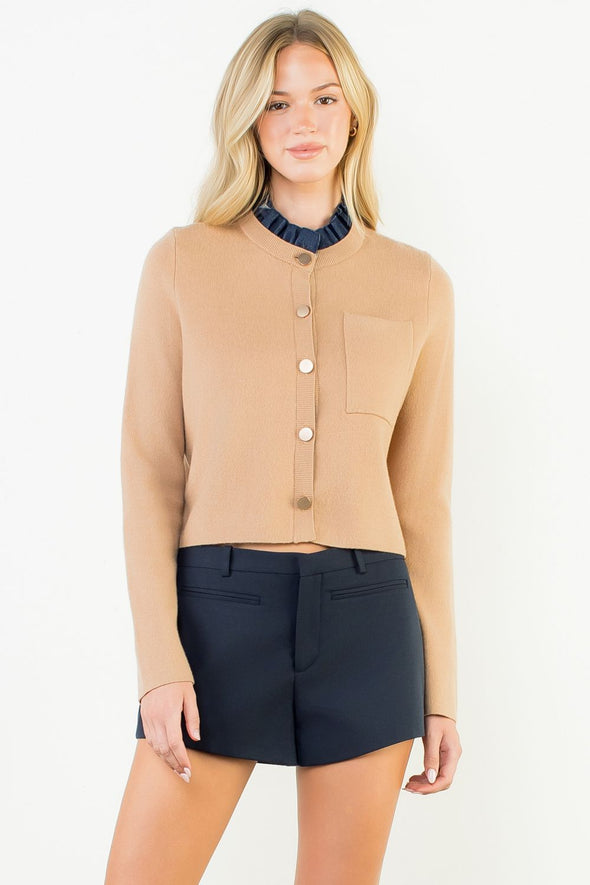 (THML) The Jeremy Ruffle Neck Cardigan-Taupe